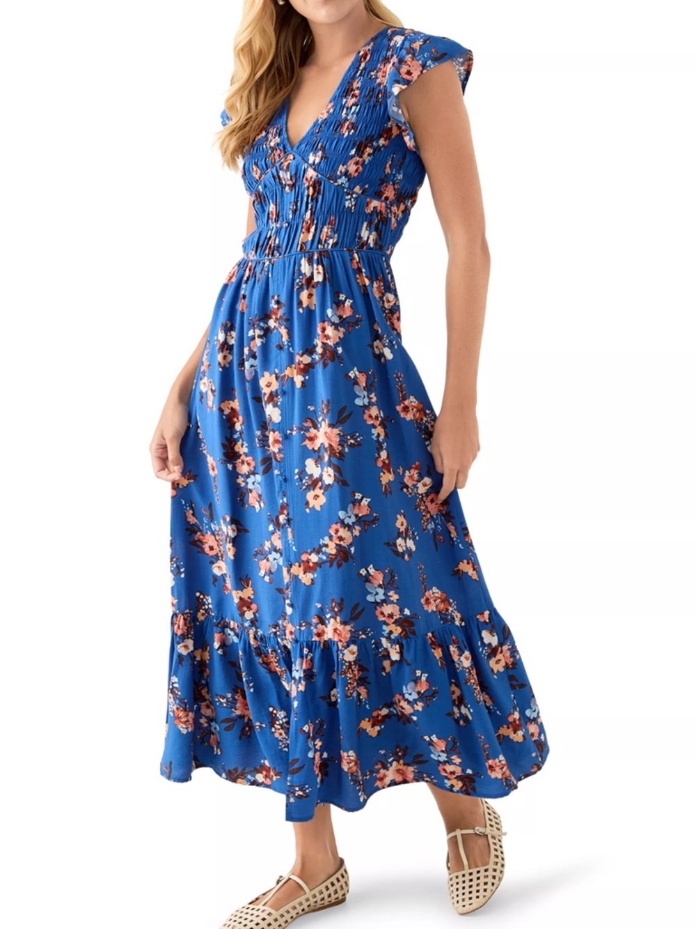 Oak & Trellis Blue Floral V-Neck Tiered Maxi Dress NWOT